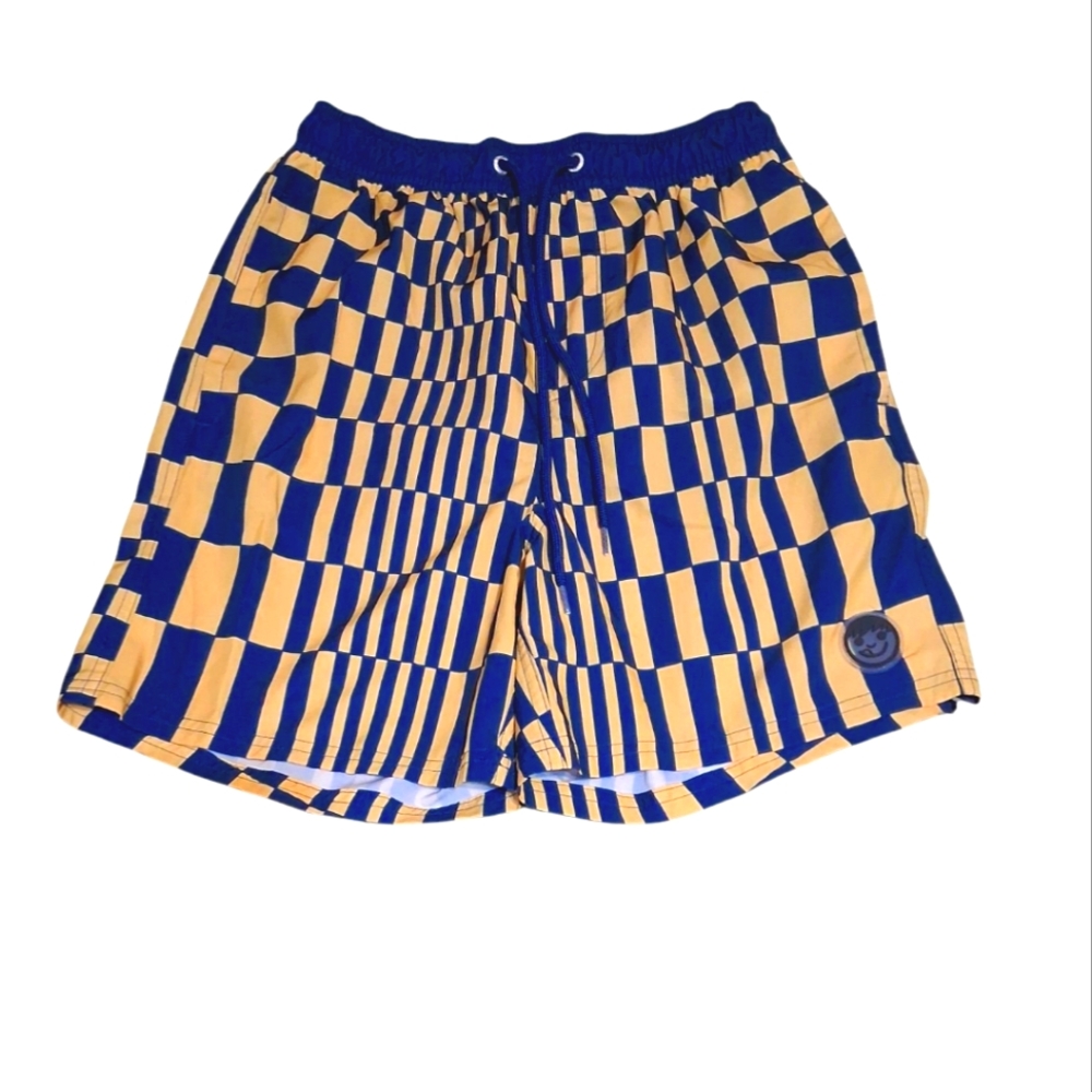 Neff Men's Yellow and Blue Checkered Swim Shorts SZ Small